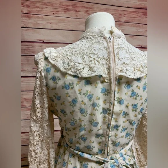 Vintage Floral High Neck Crochet Long Sleeve Prairie Dress
